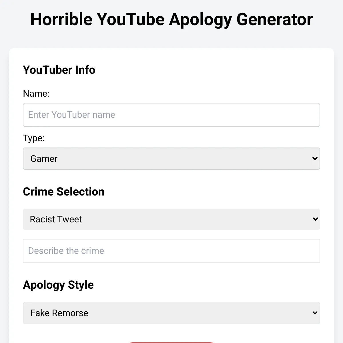 Horrible YouTube Apology Generator