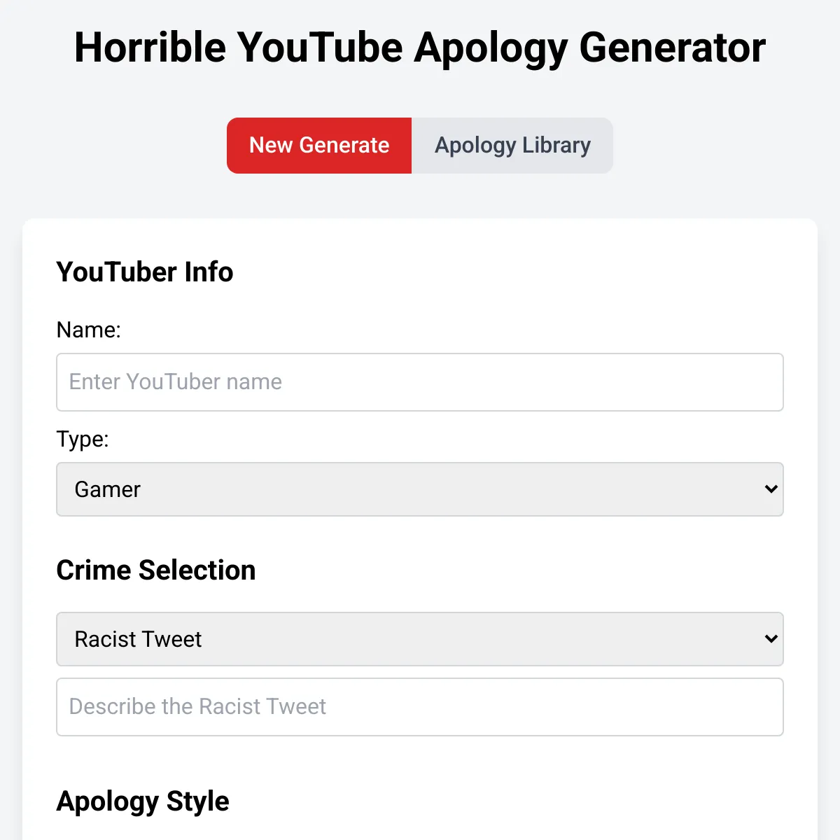 Horrible YouTube Apology Generator